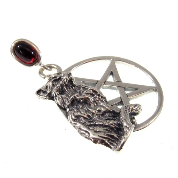 Solid 925 Sterling Silver Cat Familiar Pentacle Pendant w/ Choice of Gemstone - Picture 4 of 9